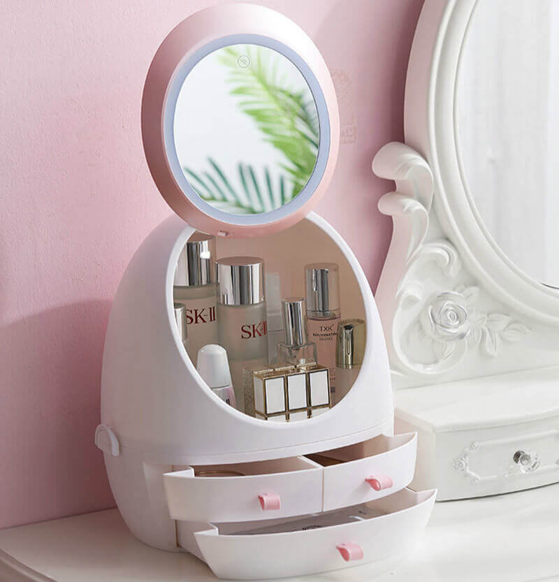 Makeup organizer storage box with mirror